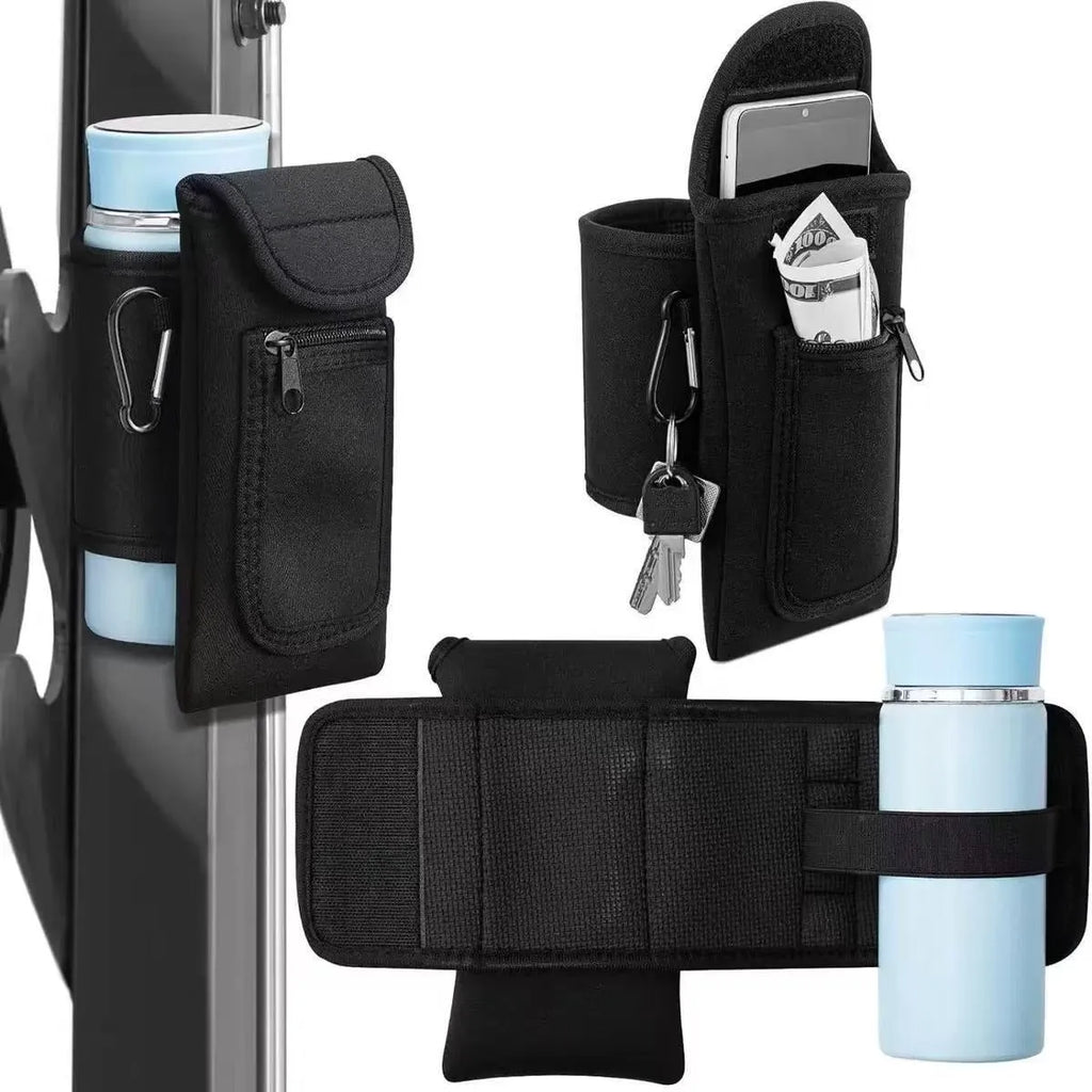 Fitness magnetic bottle sleeve in black holding an insulated cup, showing the magnetic closure.