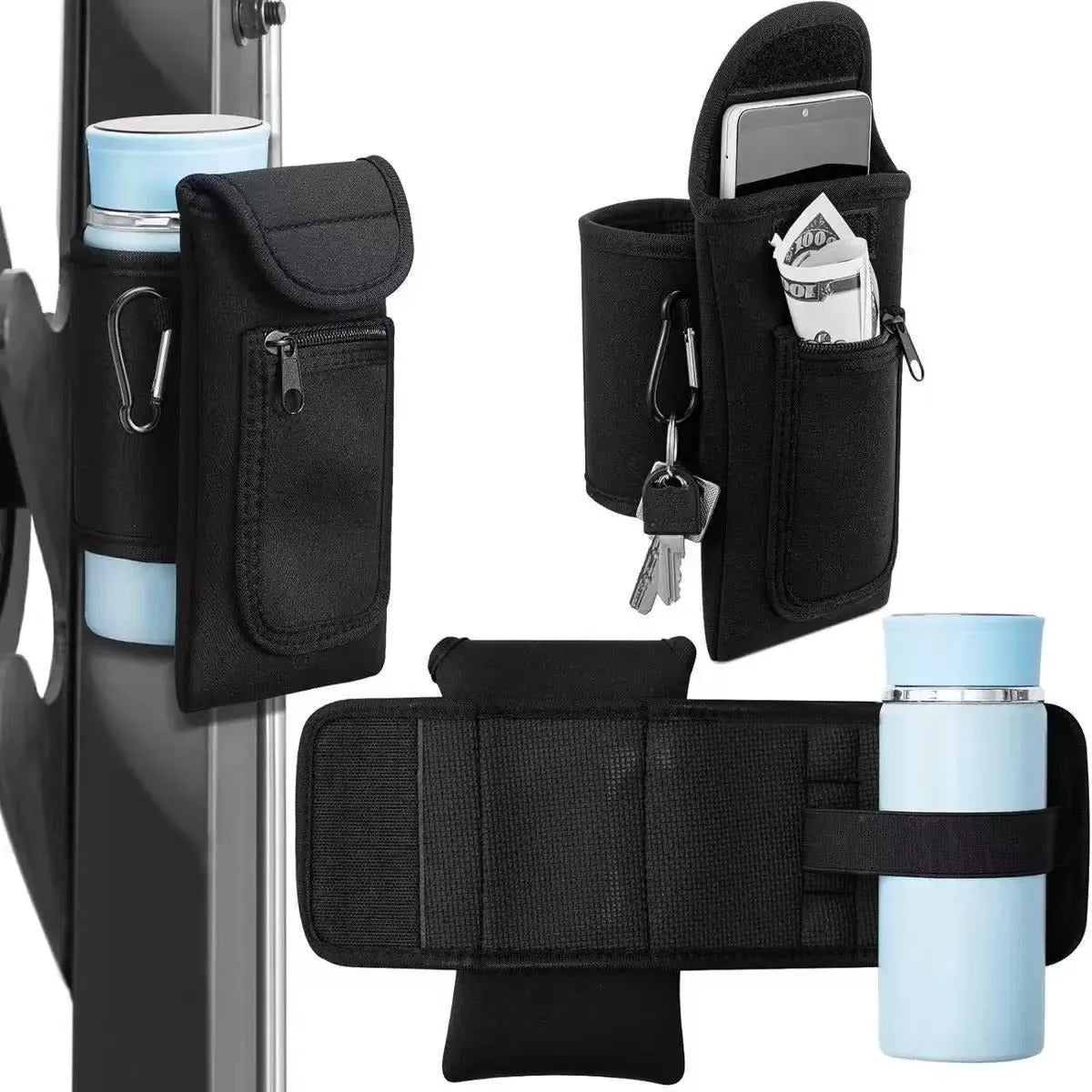 Fitness magnetic bottle sleeve in black holding an insulated cup, showing the magnetic closure.