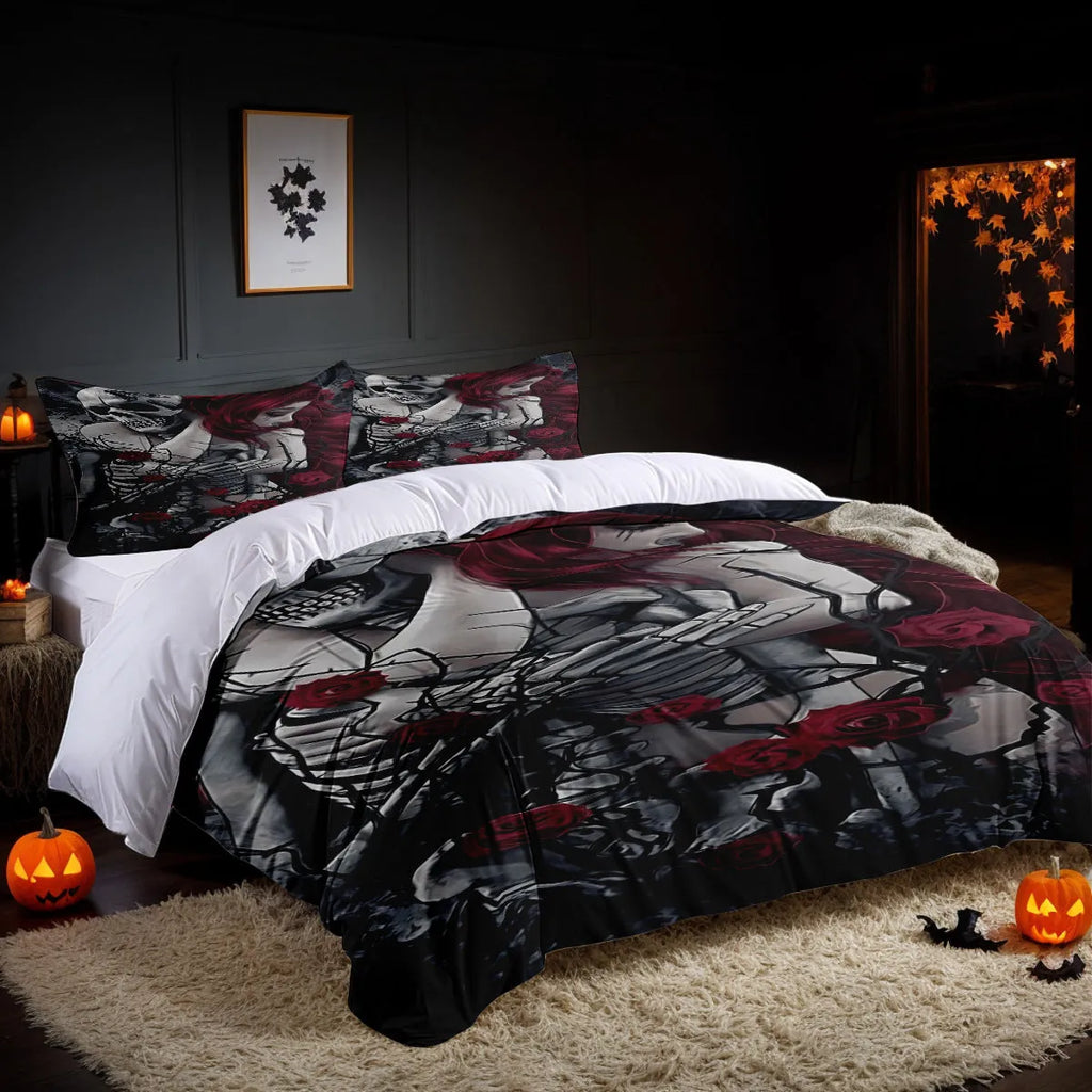 White Halloween-themed three-piece bed set with digitally printed patterns showing quilt cover and pillowcases