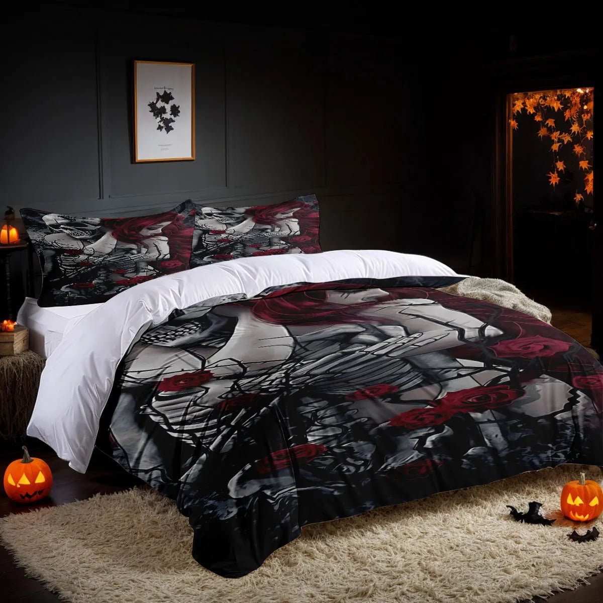 White Halloween-themed three-piece bed set with digitally printed patterns showing quilt cover and pillowcases