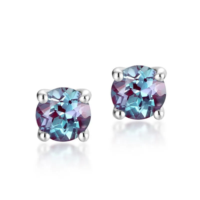 Simple round geometric 925 silver ear studs with a cultivate Alexandrite stone for women.