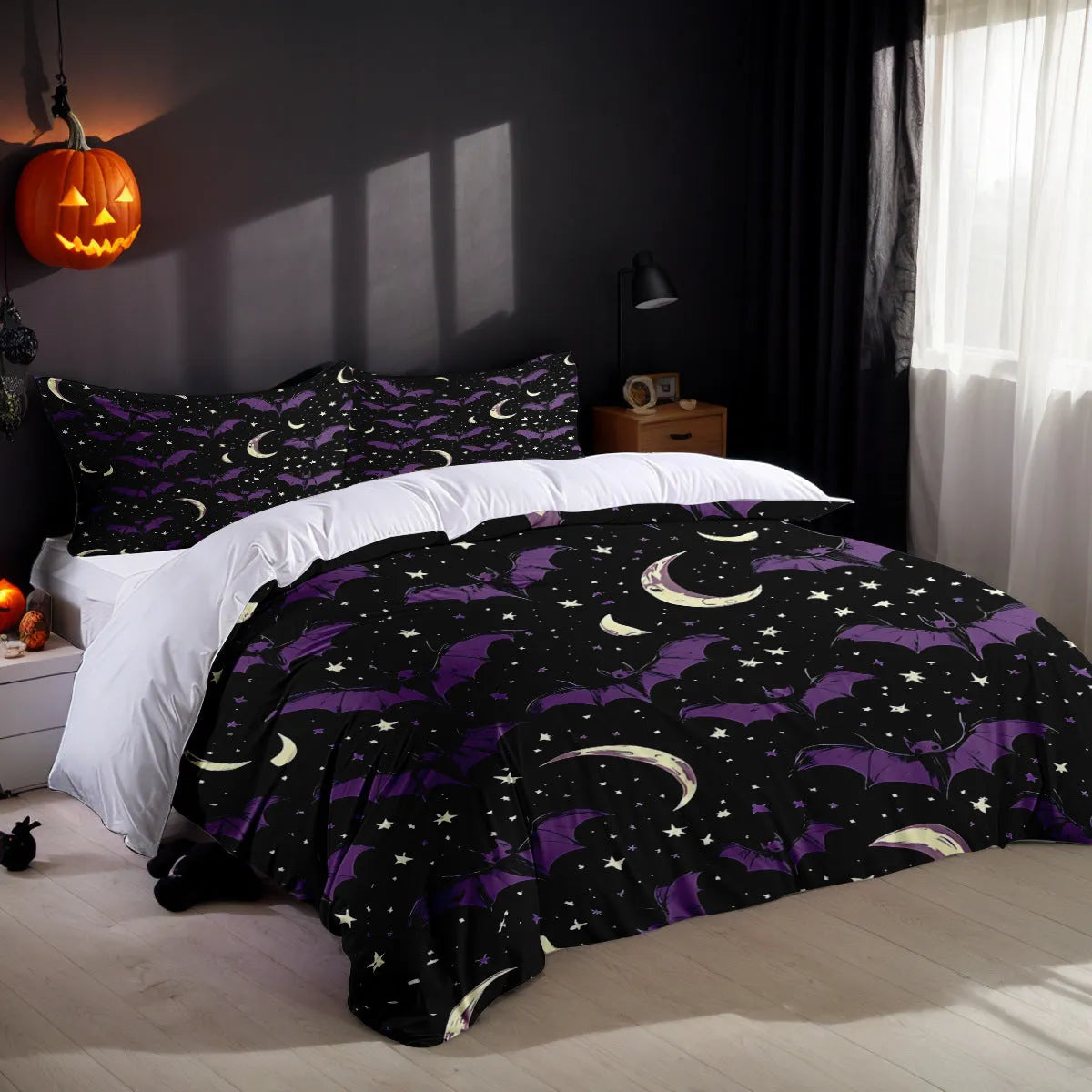 White Halloween-themed three-piece bed set with digitally printed patterns showing quilt cover and pillowcases