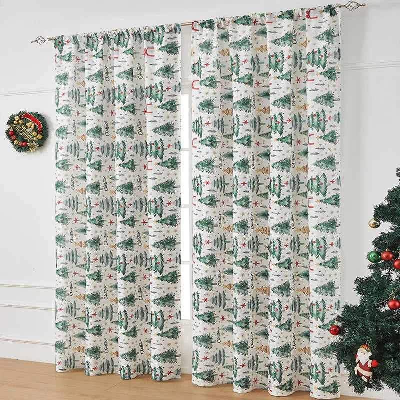 Rectangular Christmas-themed curtain with printed designs showing semi-sunshade function