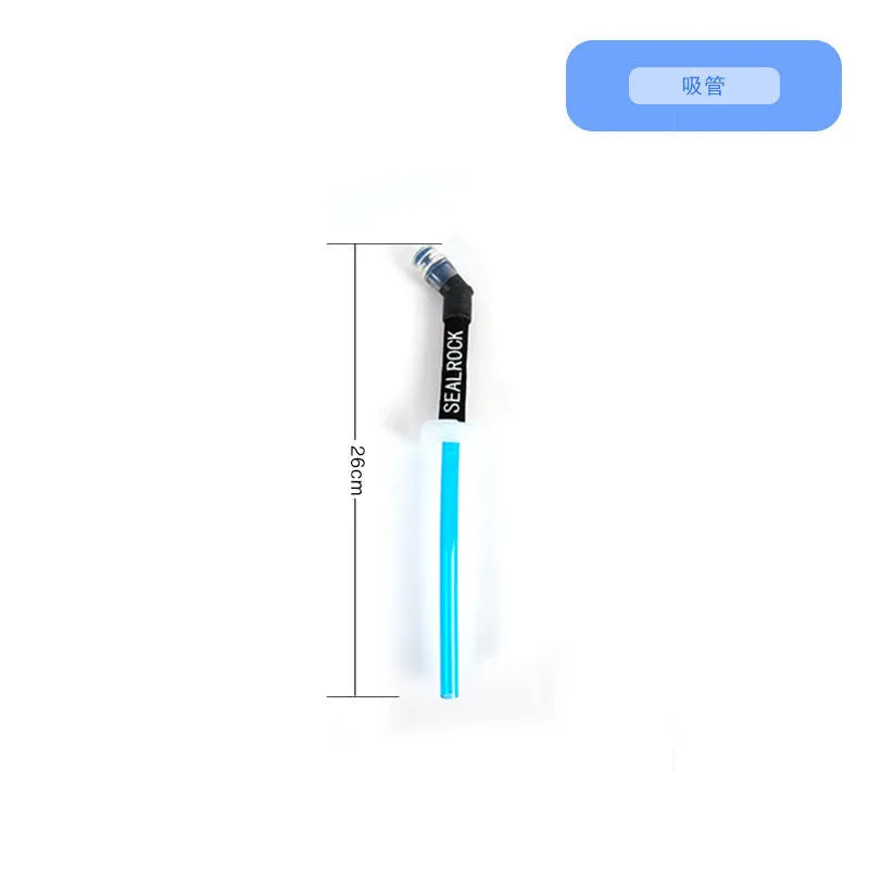 Grey portable water filter straw with textured grip and long flexible silicone tube, shown with a carabiner clip.
