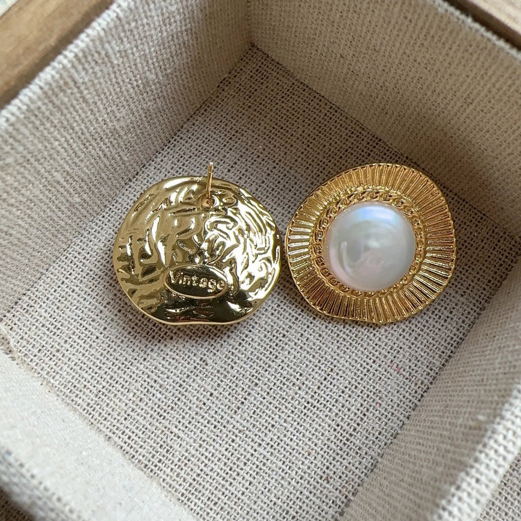 Gold round hoop earrings with French retro design for women