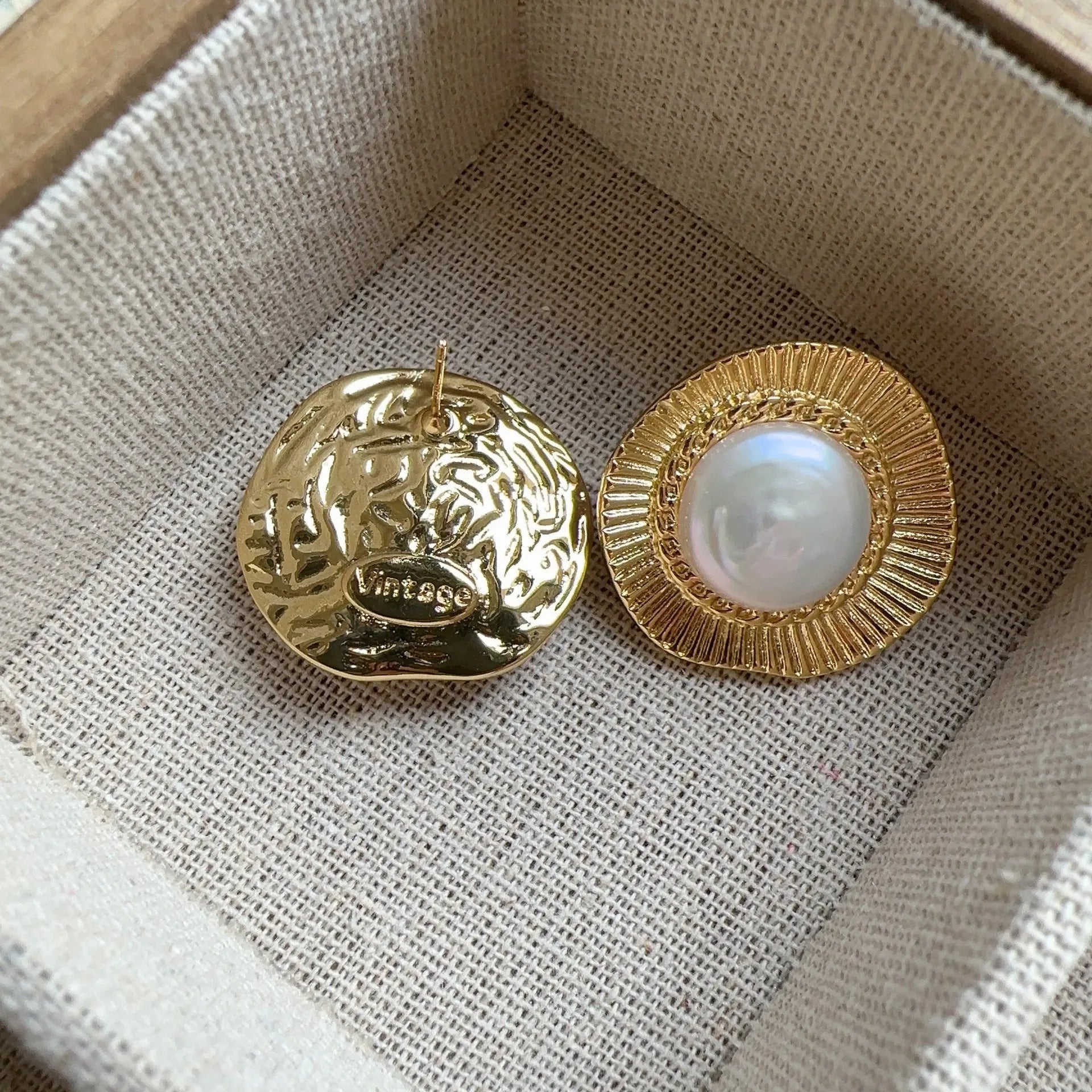 Gold round hoop earrings with French retro design for women