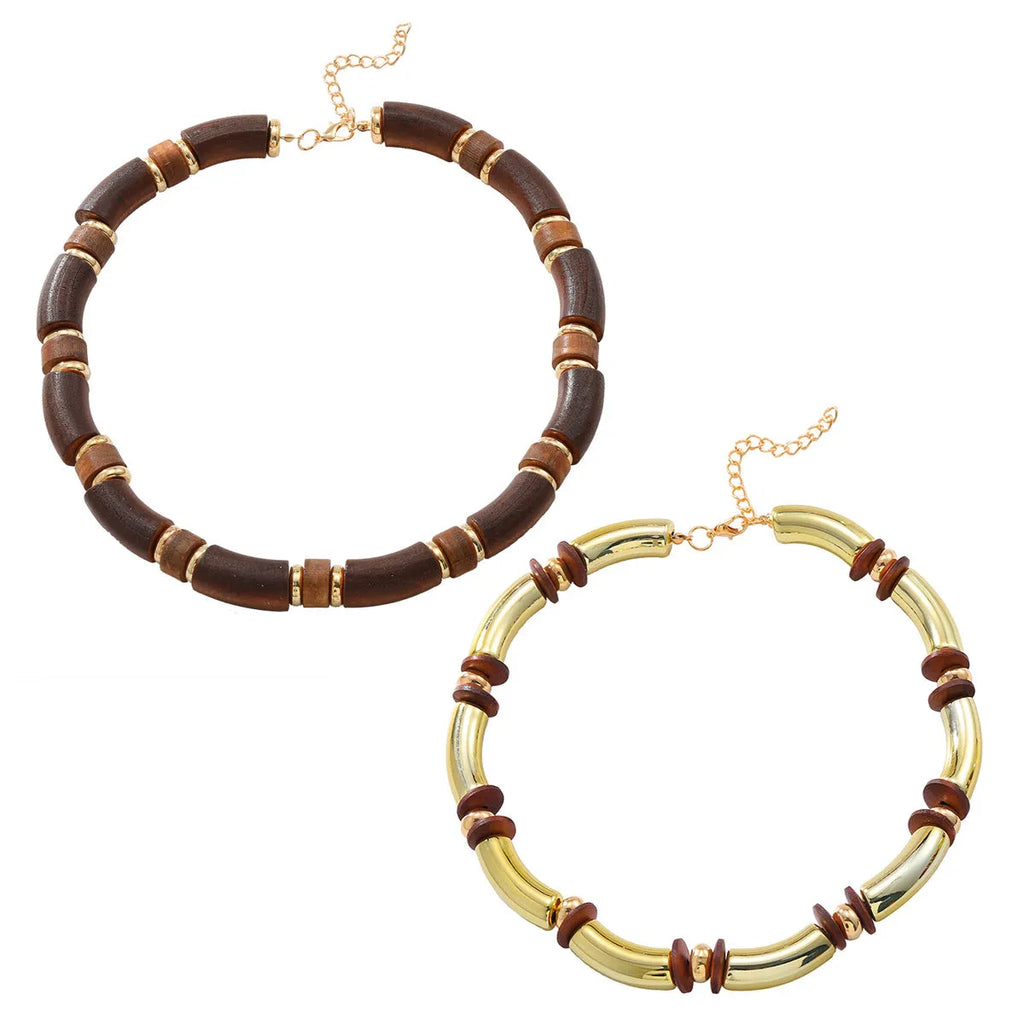 Women's multi-layer wooden necklace and bracelet set with alloy circular pendants