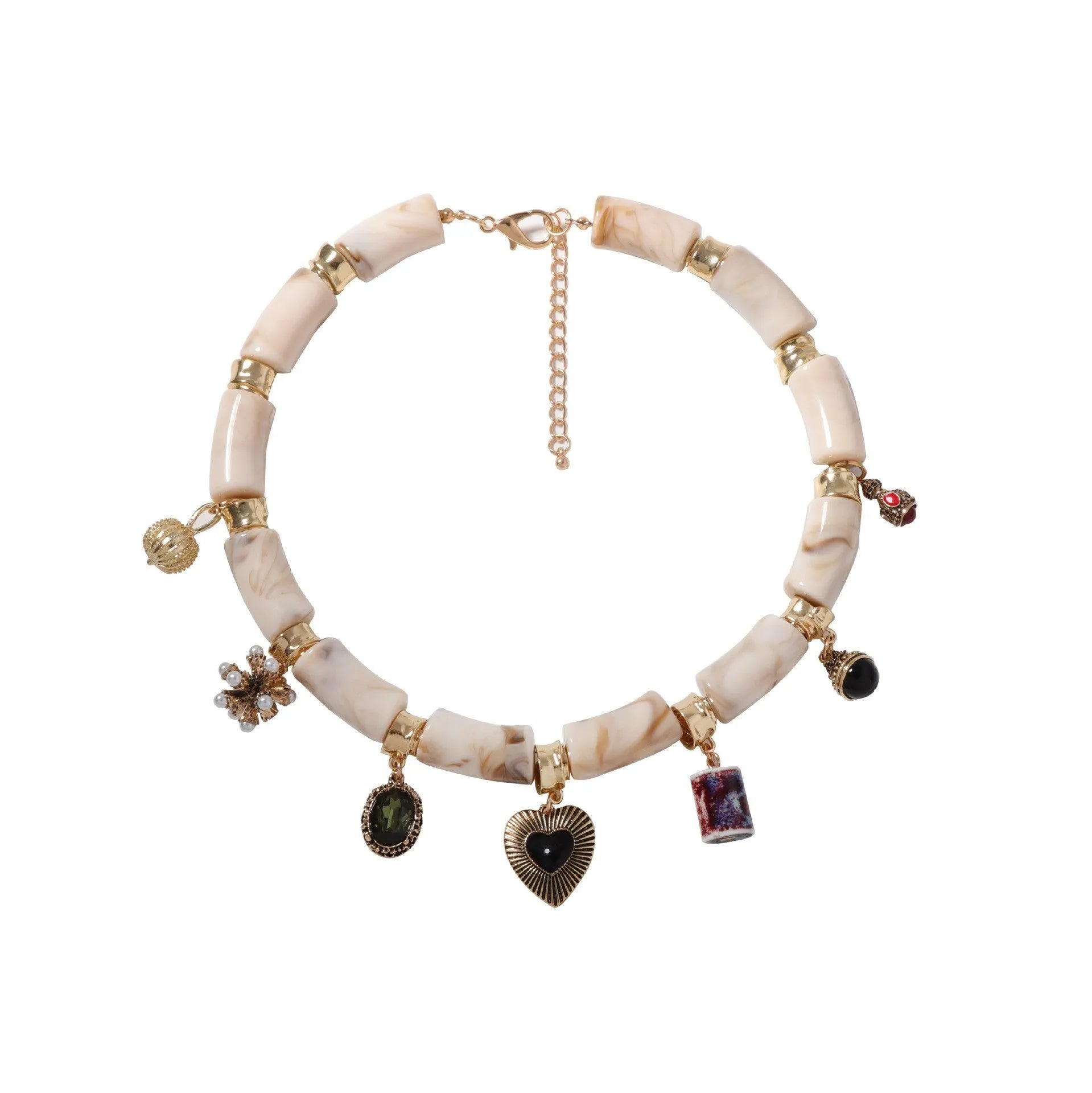 Gold-tone heart-shaped resin bamboo pendant necklace with electroplated chain