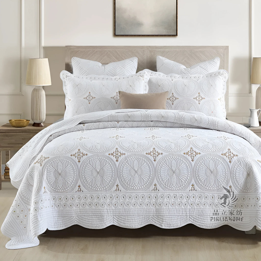 Pure cotton European-style embroidered bed cover set with matching pillowcases for a 1.8m bed
