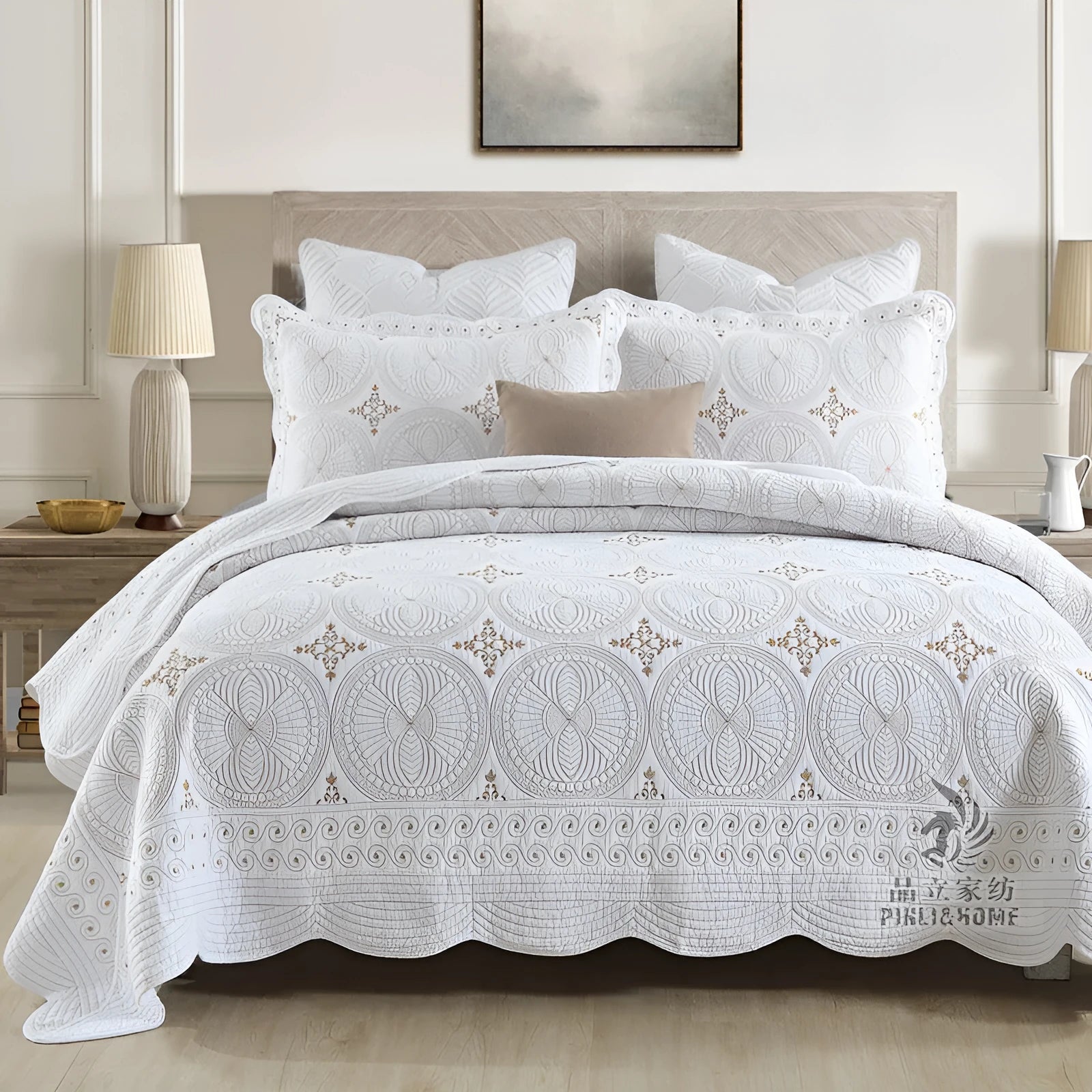 Pure cotton European-style embroidered bed cover set with matching pillowcases for a 1.8m bed