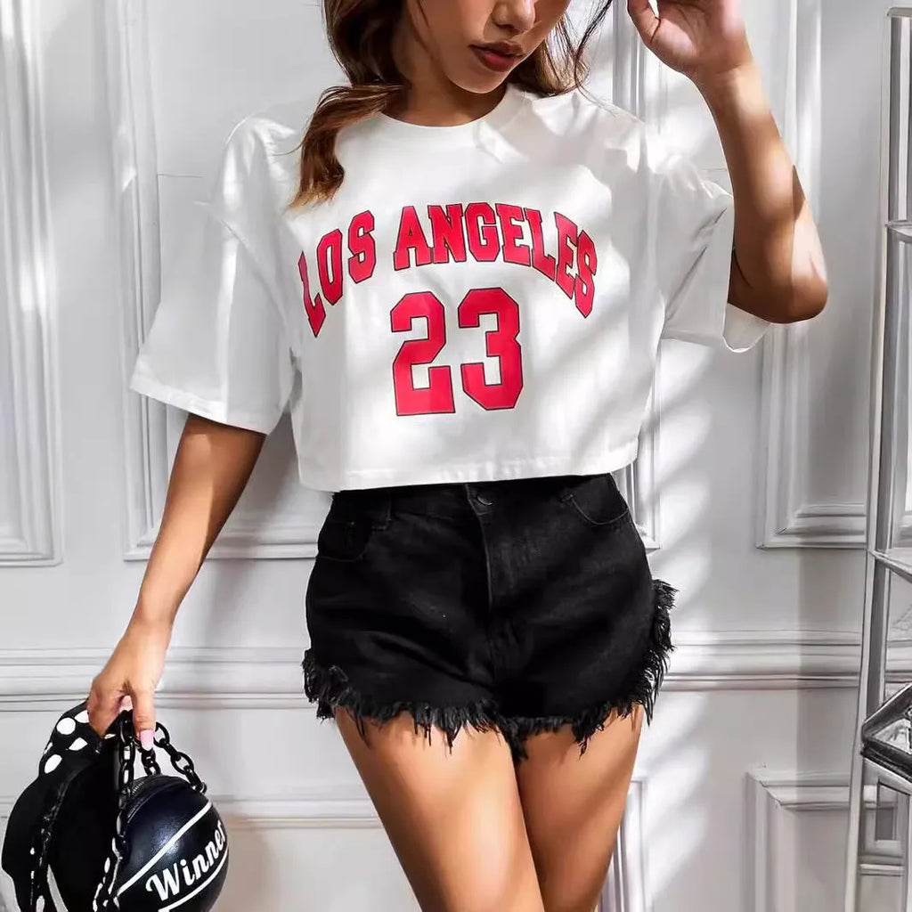 Black cotton crop top T-shirt with printed white English letters, loose fit and short sleeves.