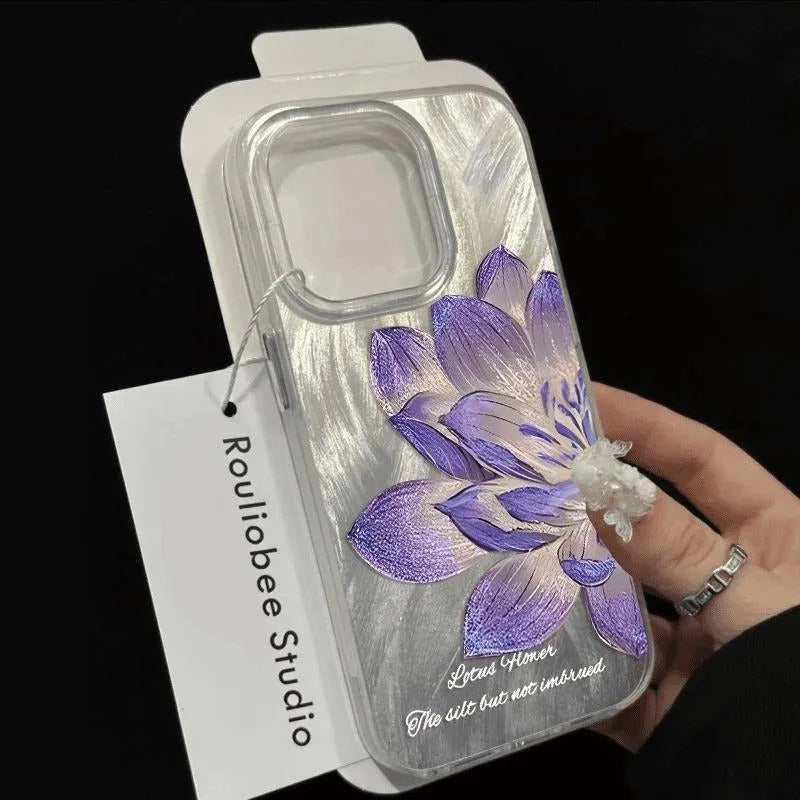 Blue Lotus light luxury hard PC phone case for Apple iPhone on a table.