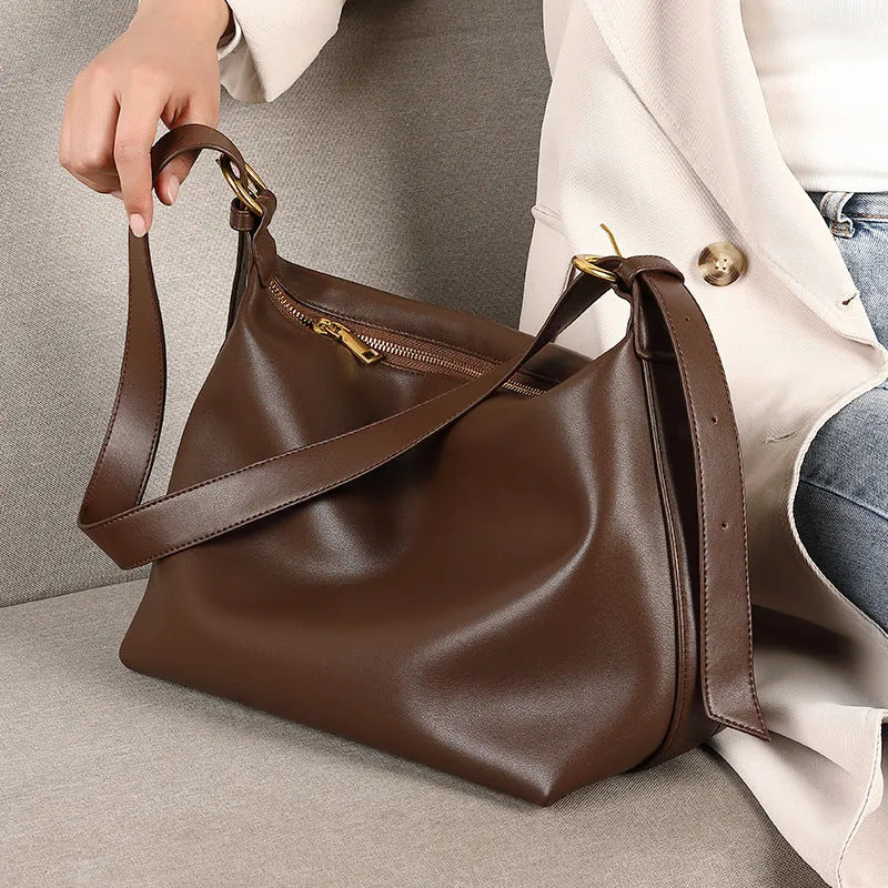 Black litchi grain genuine leather cowhide crossbody underarm bag with open outer pocket and stitching