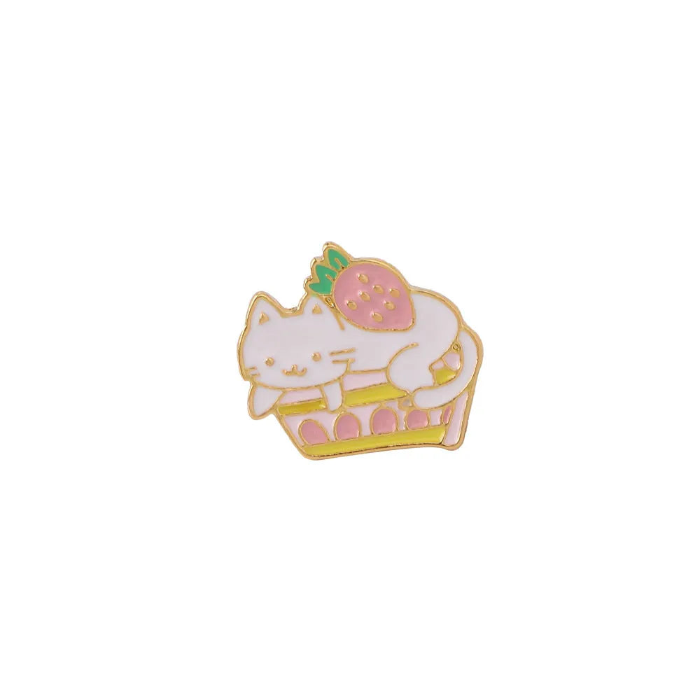 Cute cat strawberry metal brooch with dripping oil design in alloy construction