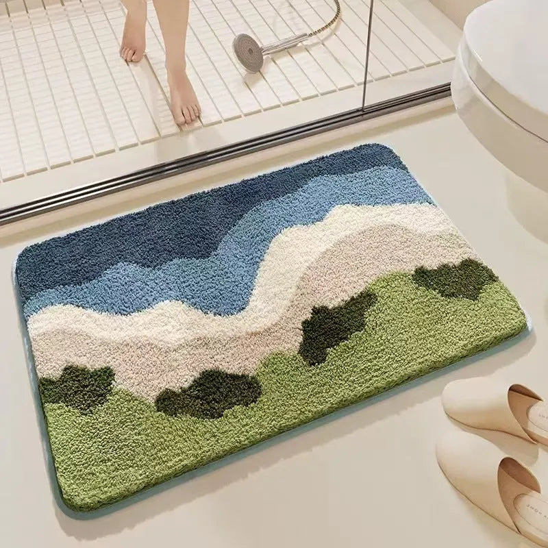 Square rainbow print floor mat with sky and sea colours on a wooden floor