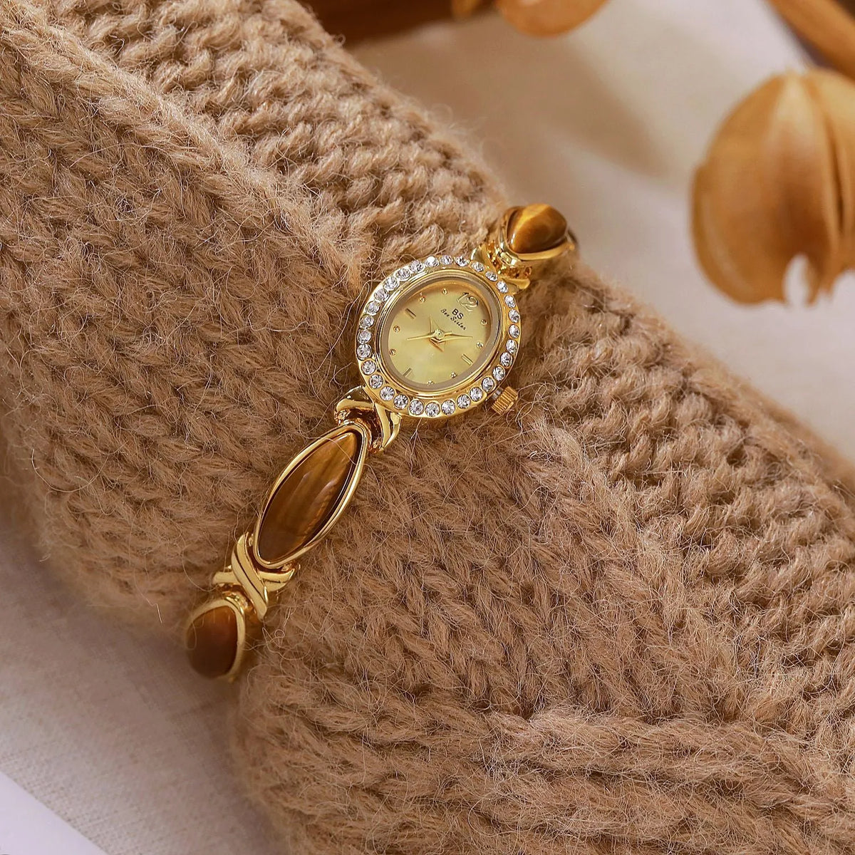 Tigereye Maillard chain watch for women with natural stone dial, 7mm alloy bracelet, gold tone