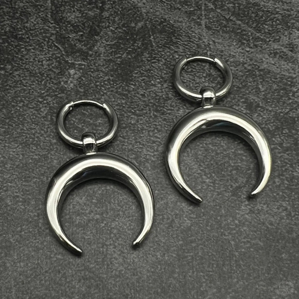 Silver geometric hoop earrings with gothic moon design and ear clip fastening