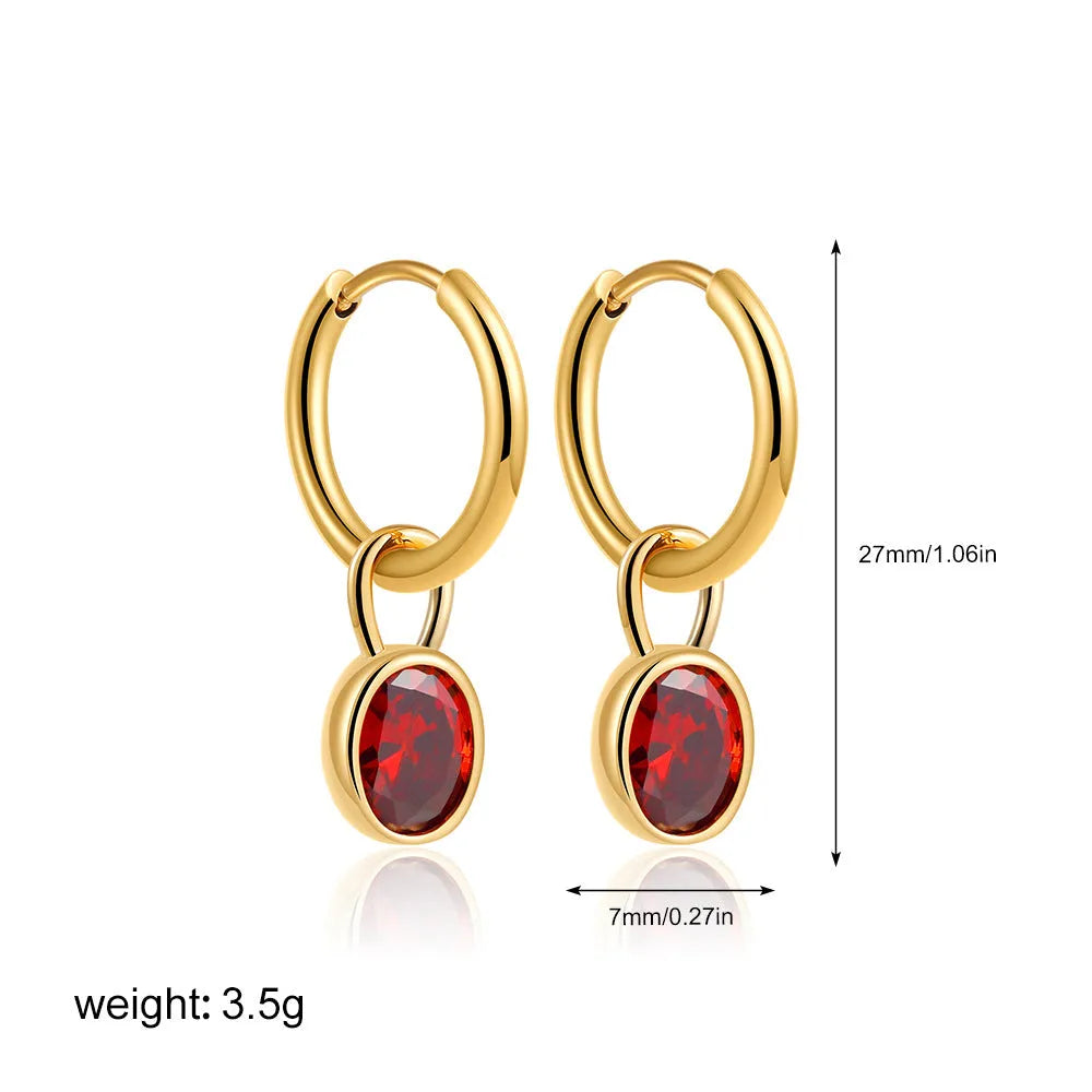 Close-up of a women's retro-style oval zircon earring in copper, showing elliptical stone setting and textured metal finish.