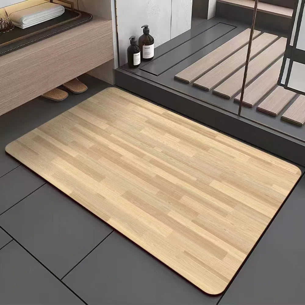 Square American wood grain geometric pattern diatom ooze bathroom floor mat on tiles.