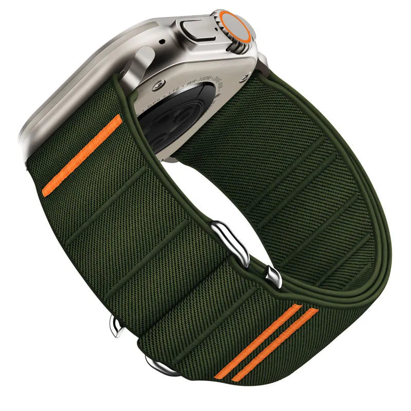 Elastic nylon Apple Watch replacement strap with stainless steel buckle shown in Army Green colour.