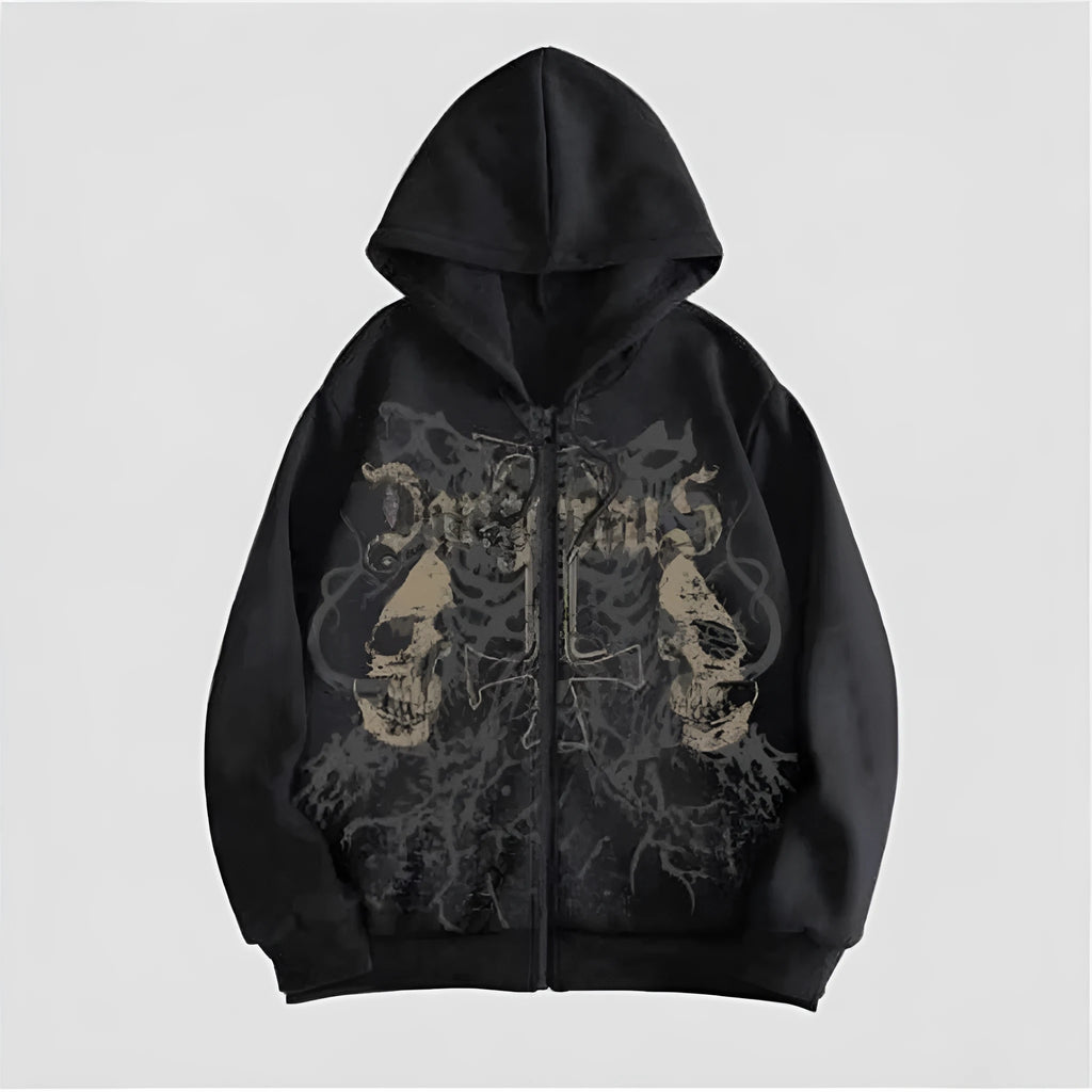 Black men's hooded sweatshirt with a green skull print on the chest, showing long sleeves and pullover style.