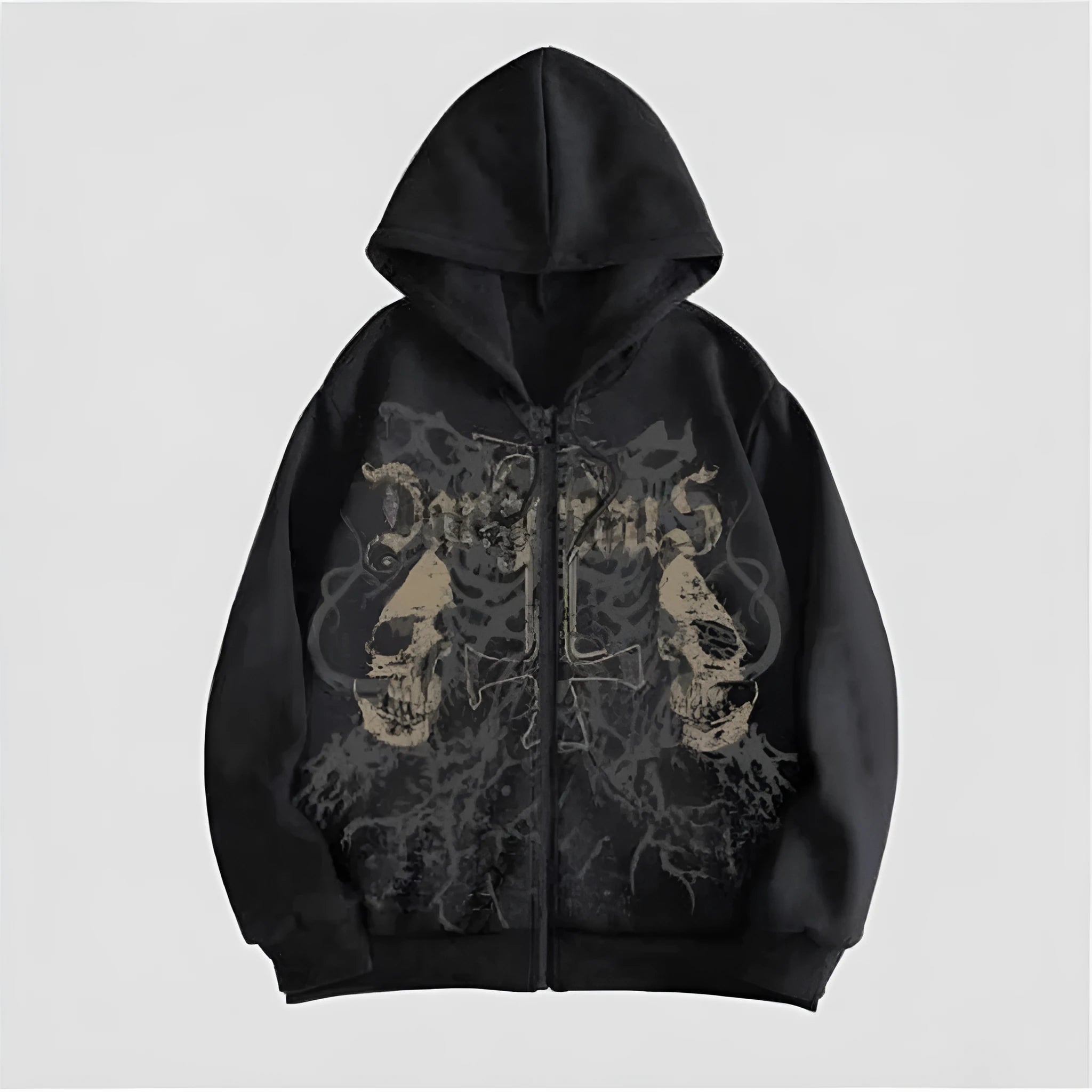Black men's hooded sweatshirt with a green skull print on the chest, showing long sleeves and pullover style.