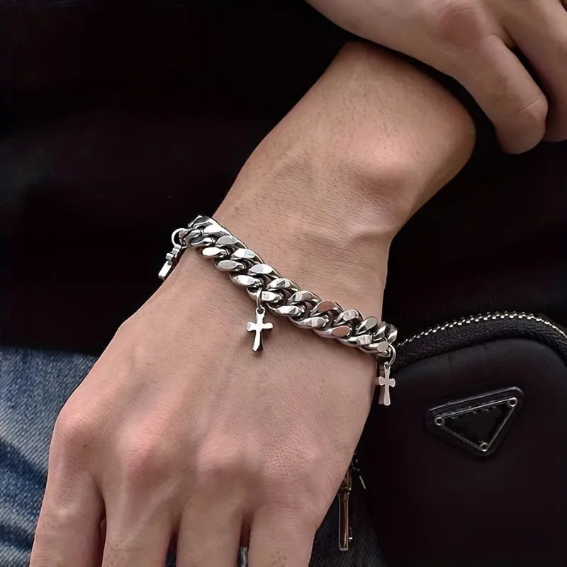 Men's titanium steel geometric cross bracelet in cold wind style design