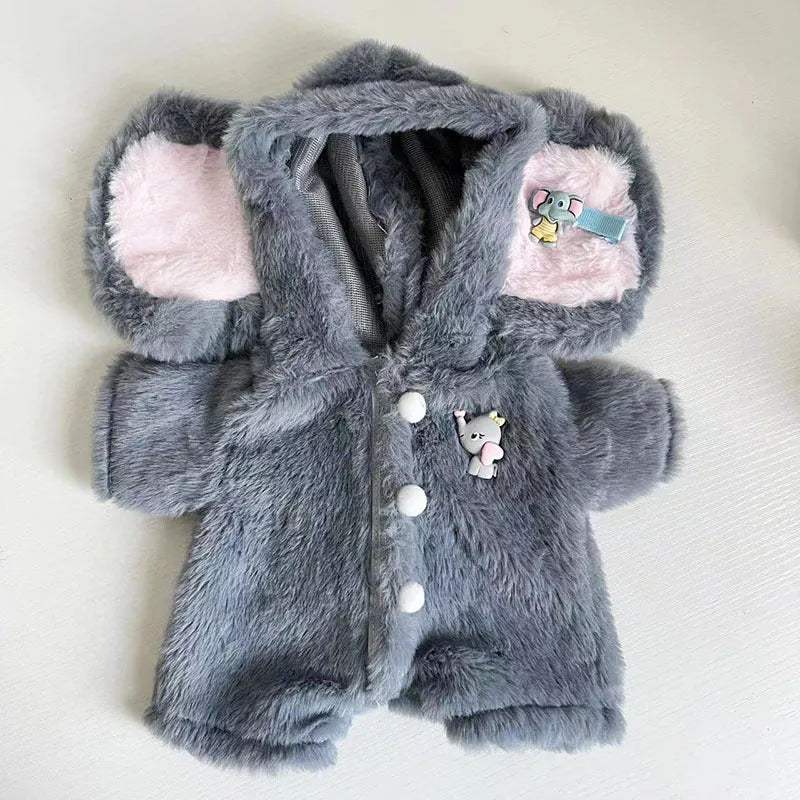 Grey elephant-themed plush jumpsuit for a 30cm tall teddy bear on a neutral background.
