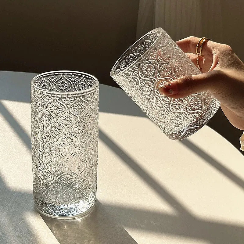Begonia carved pattern glass water cup in two sizes: short 250ml and tall 380ml versions