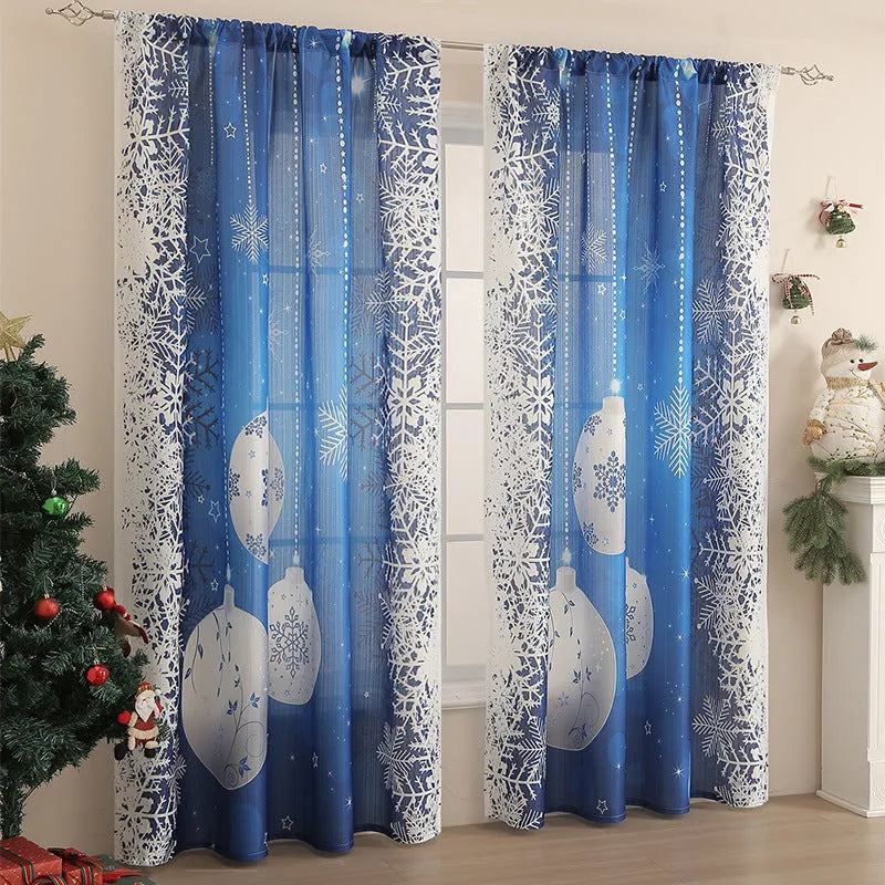 Rectangular Christmas-themed curtain with printed designs showing semi-sunshade function