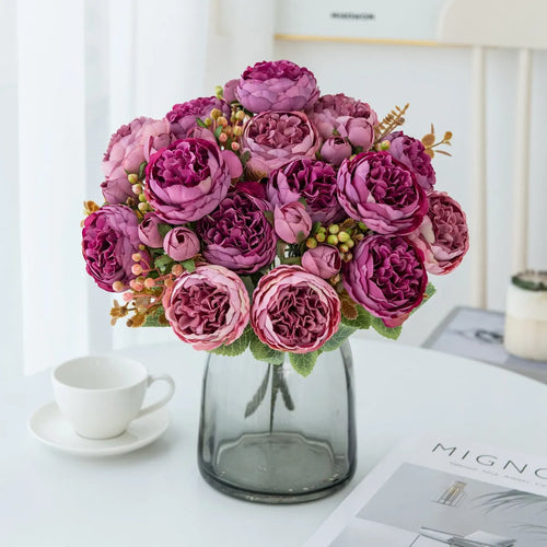 Artificial silk peony flower bouquet in champagne, pink, purple, sand red, or white for home and event decoration.