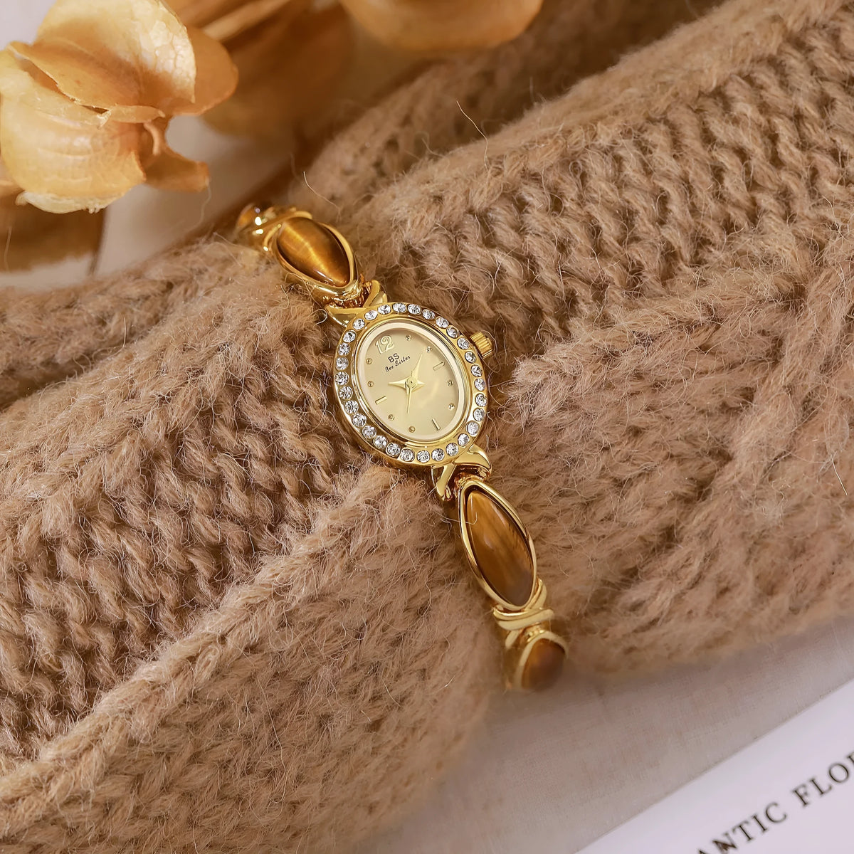 Tigereye Maillard chain watch for women with natural stone dial, 7mm alloy bracelet, gold tone