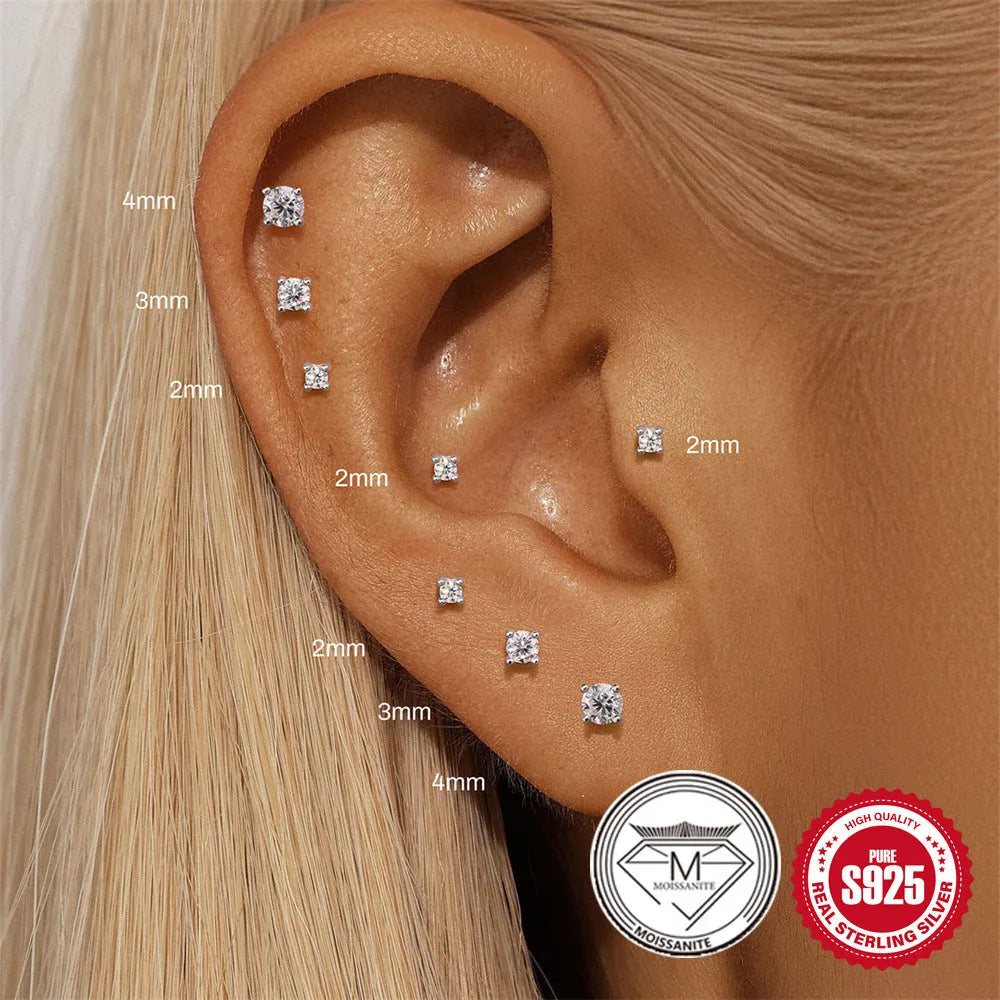 Set of S925 sterling silver geometric stud earrings with petal designs in platinum finish, showing 2mm, 3mm, and 4mm sizes.