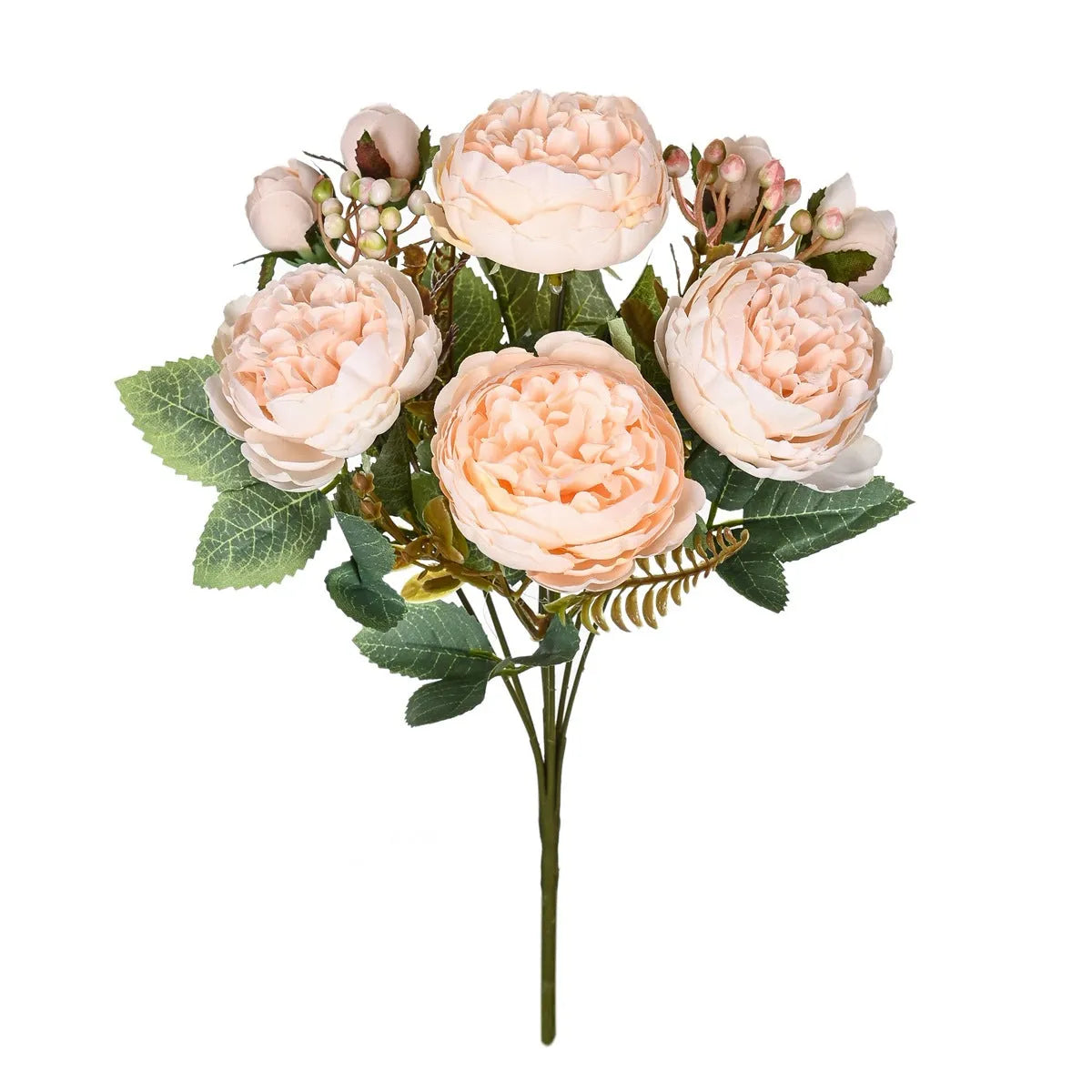 Artificial silk peony flower bouquet in a vase, showing layered petals in champagne colour.