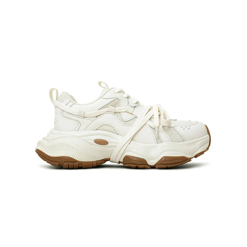 Women's milky white beige light running sneaker with platform heel and microfiber upper