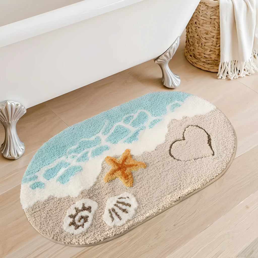 Square rainbow print floor mat with sky and sea colours on a wooden floor