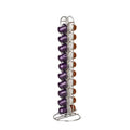 Black wrought iron coffee capsule storage rack holding pods on a kitchen counter.