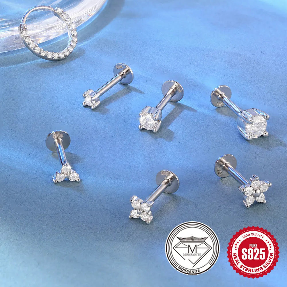 Set of S925 sterling silver geometric stud earrings with petal designs in platinum finish, showing 2mm, 3mm, and 4mm sizes.