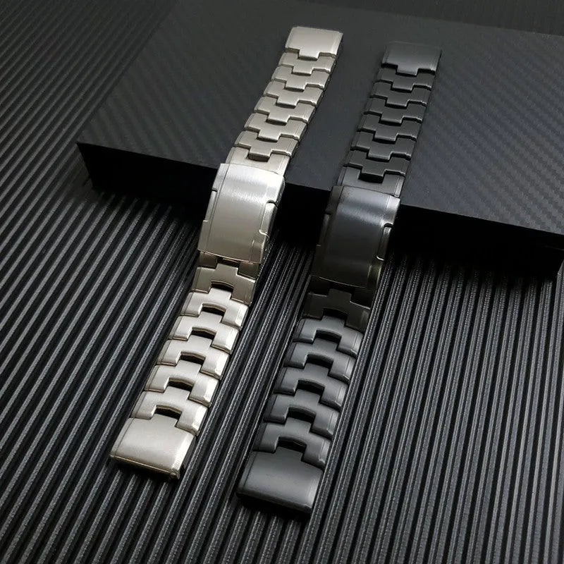 Garmin Jiaming Fenix watch strap in silver, black, or titanium colours, showing 22mm and 26mm size options.