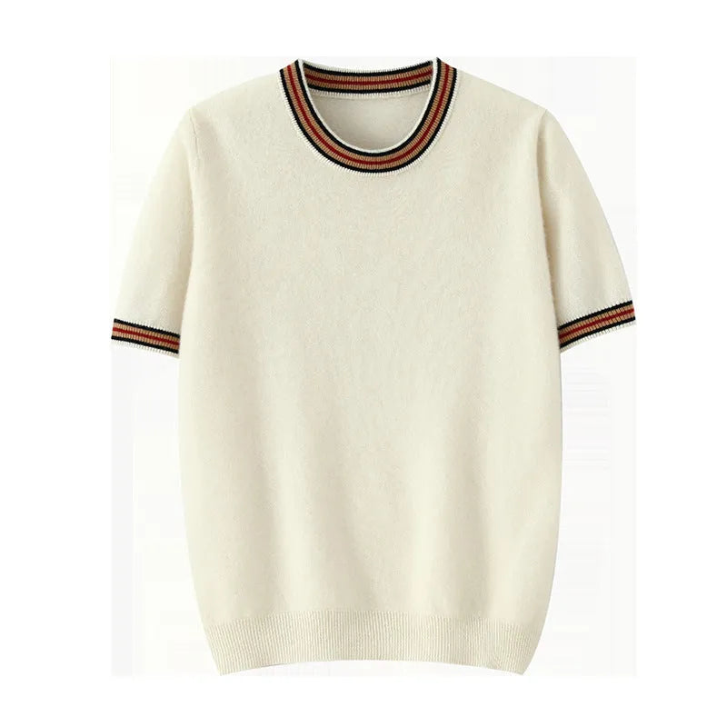 Men's round neck short sleeve pure wool pullover sweater in grey, shown on a model.