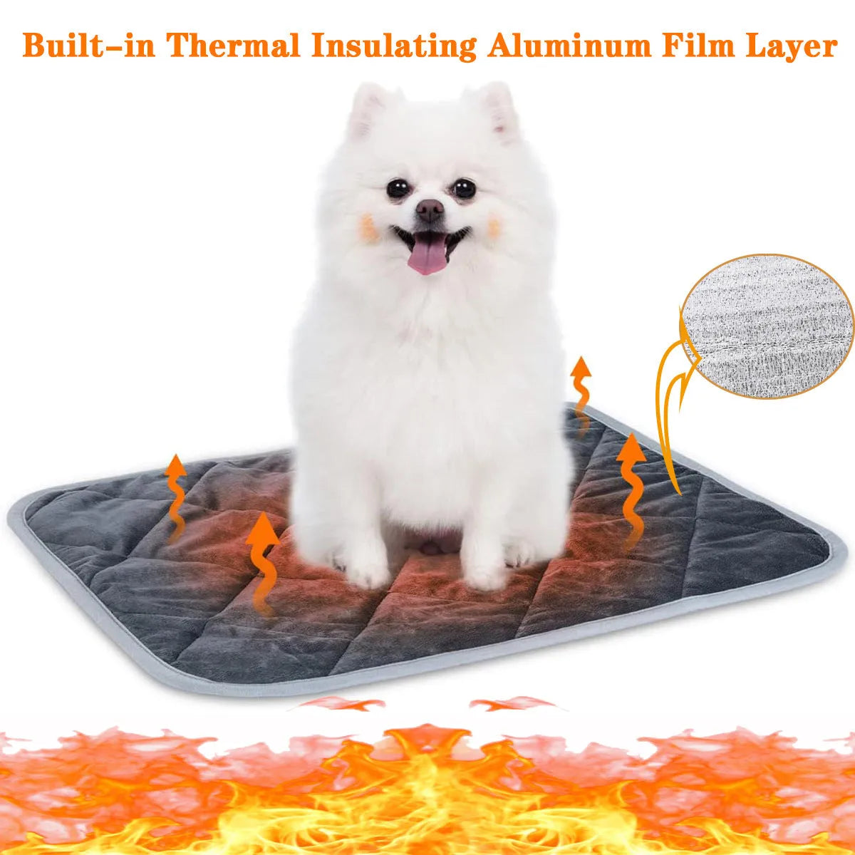 Grey cloth multi-layer pet cushion shown in four available sizes for dogs and cats.