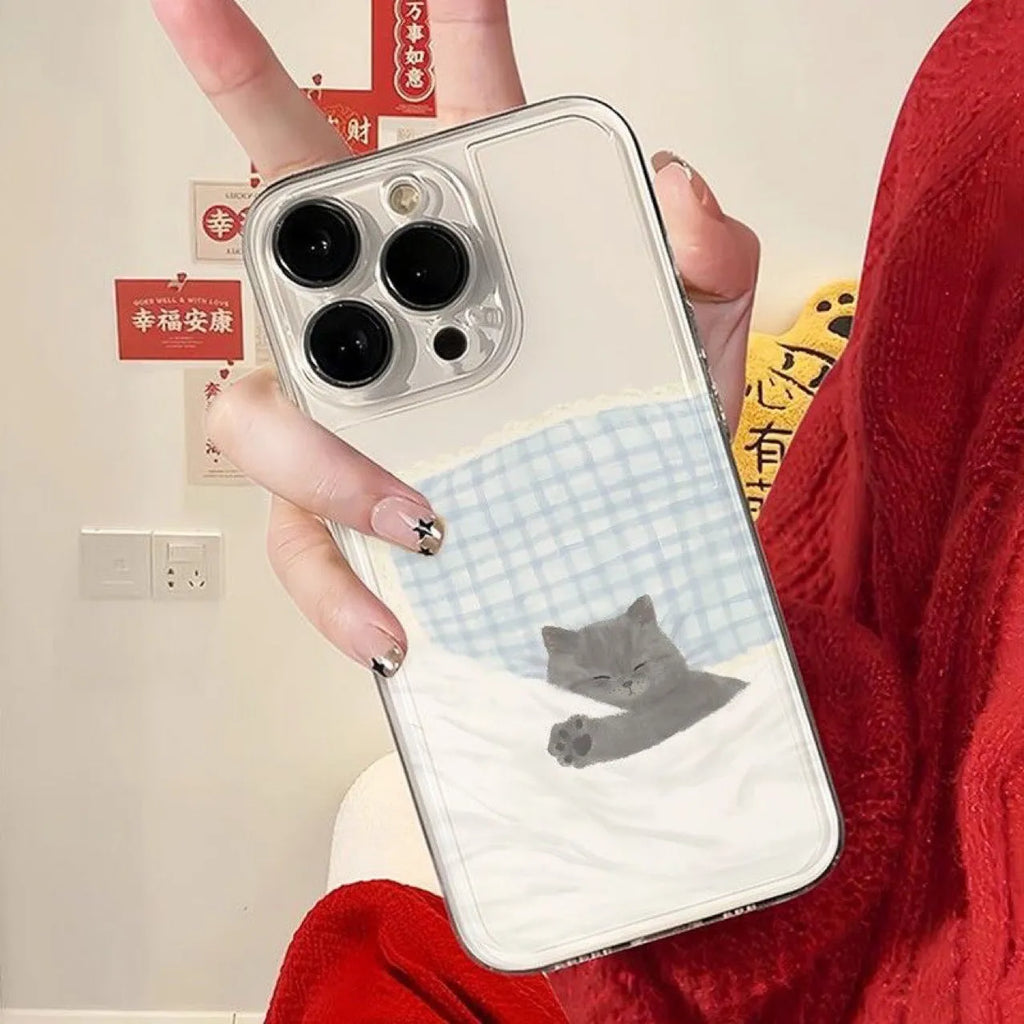 Transparent phone case with sleeping cat pattern for Apple iPhone on clear background