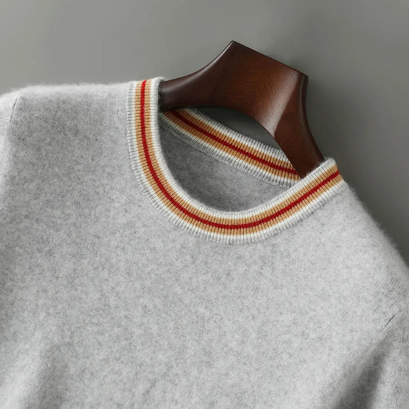 Men's round neck short sleeve pure wool pullover sweater in grey, shown on a model.