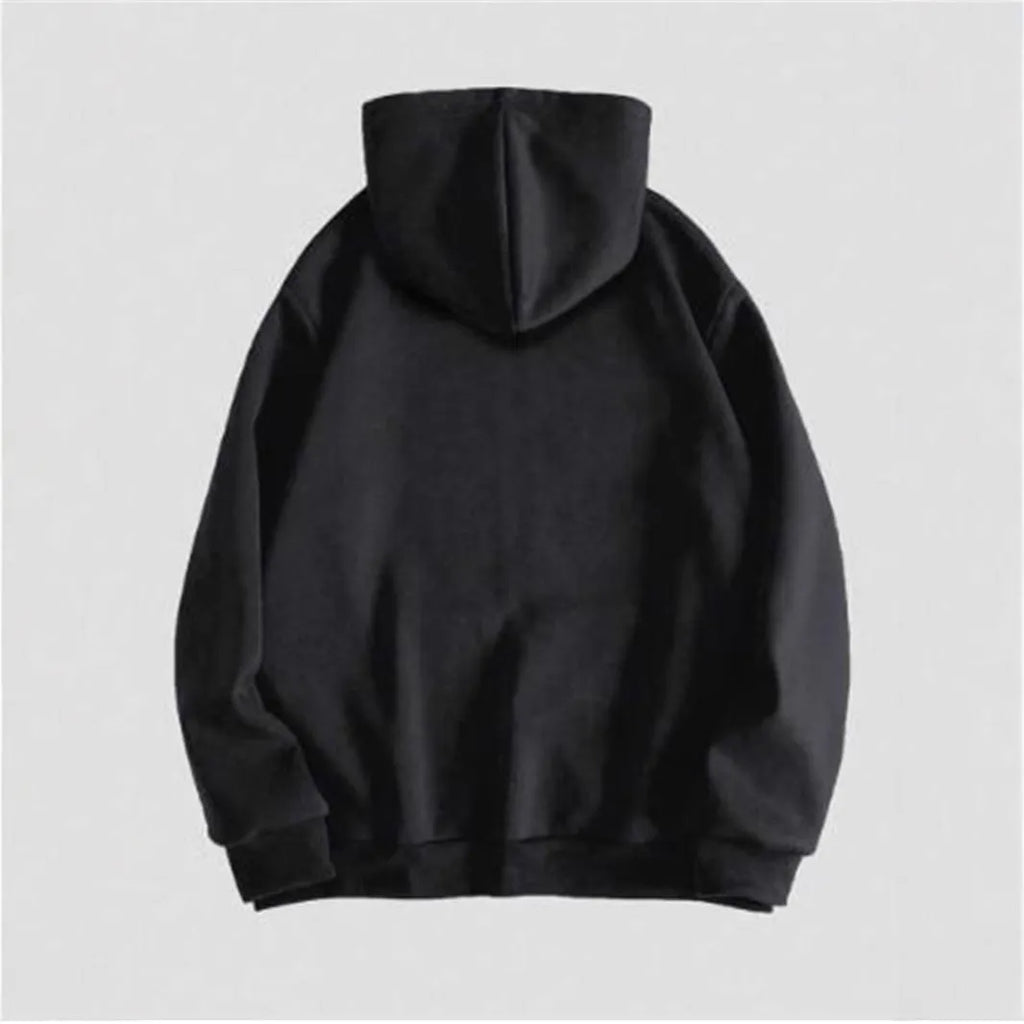 Black men's hooded sweatshirt with a green skull print on the chest, showing long sleeves and pullover style.