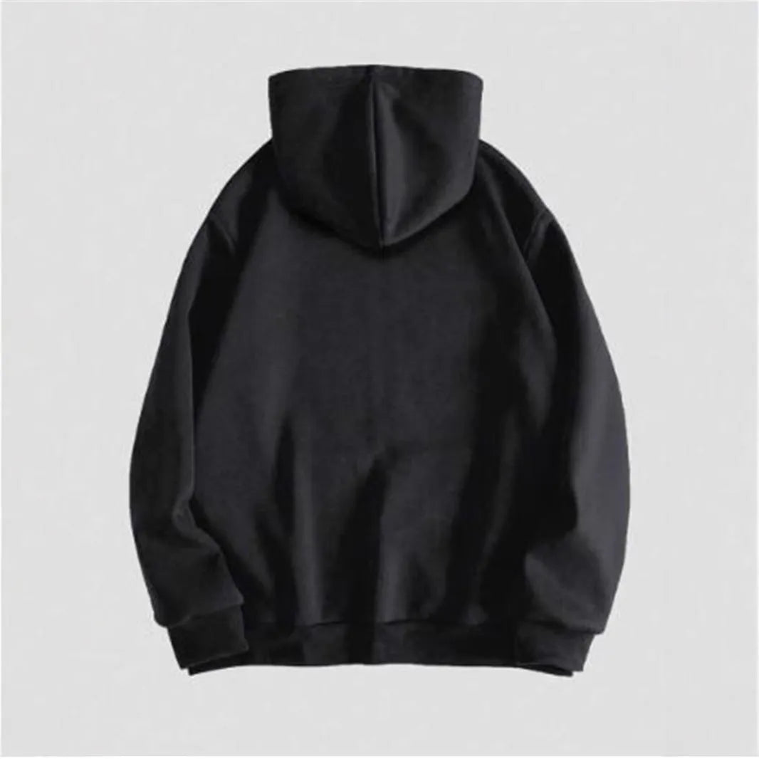 Black men's hooded sweatshirt with a green skull print on the chest, showing long sleeves and pullover style.
