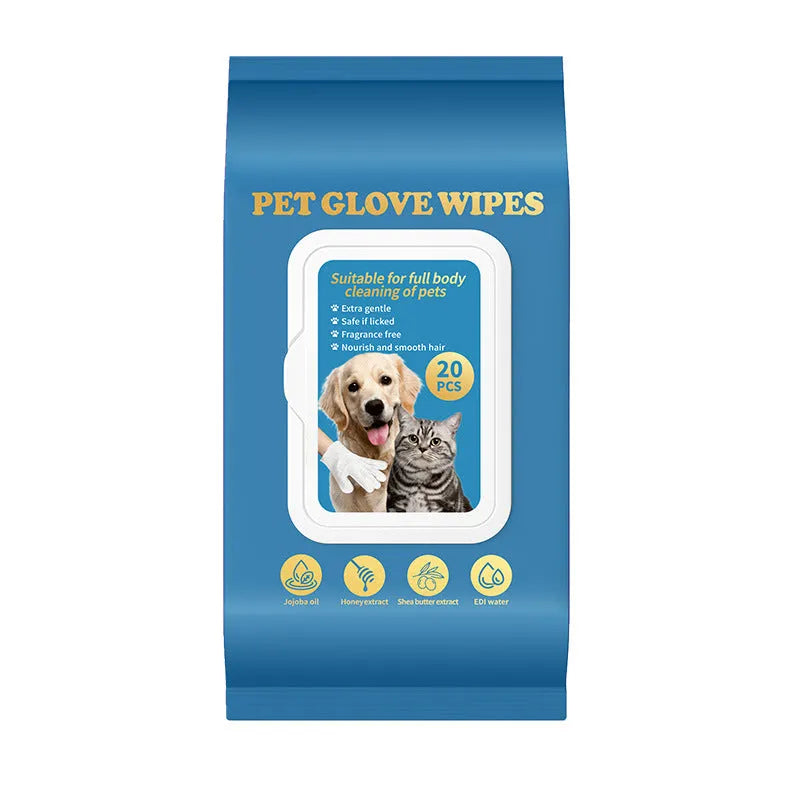Pack of disposable pet gloves for washing cats and dogs, showing 20 piece count.