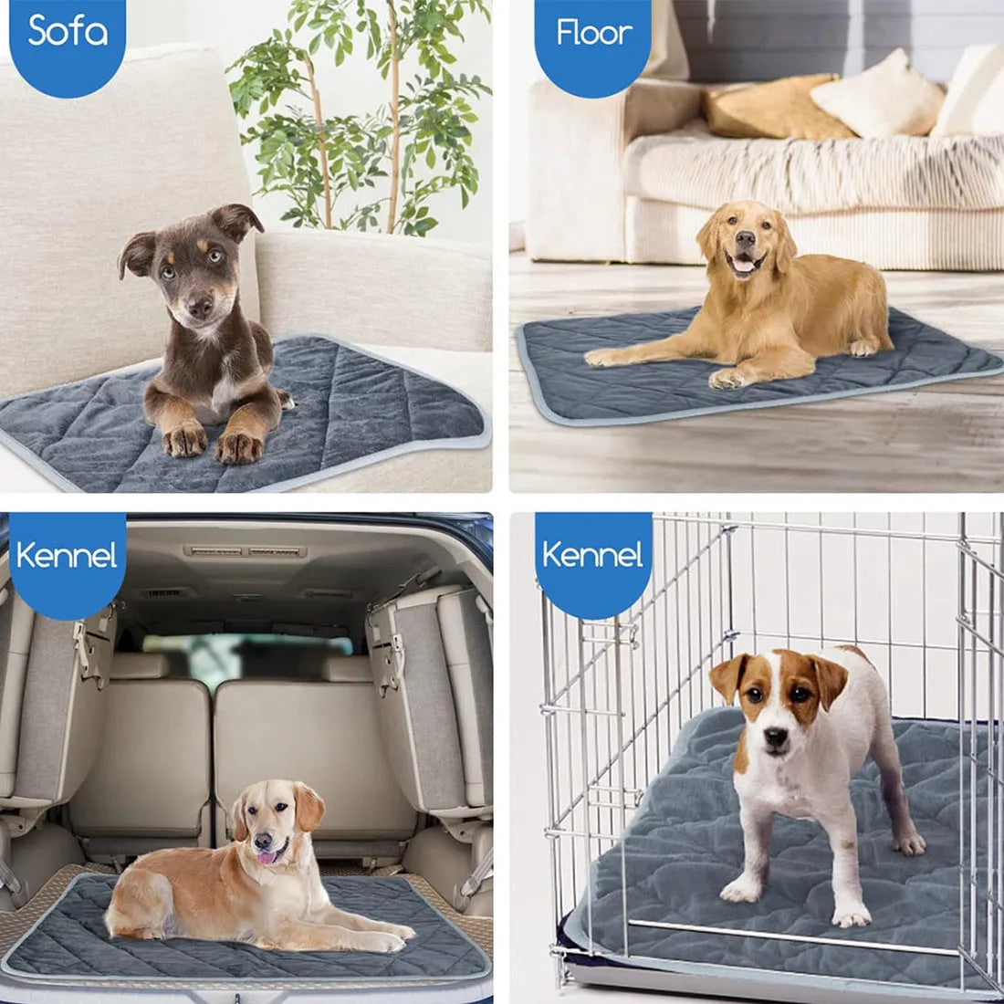 Grey cloth multi-layer pet cushion shown in four available sizes for dogs and cats.
