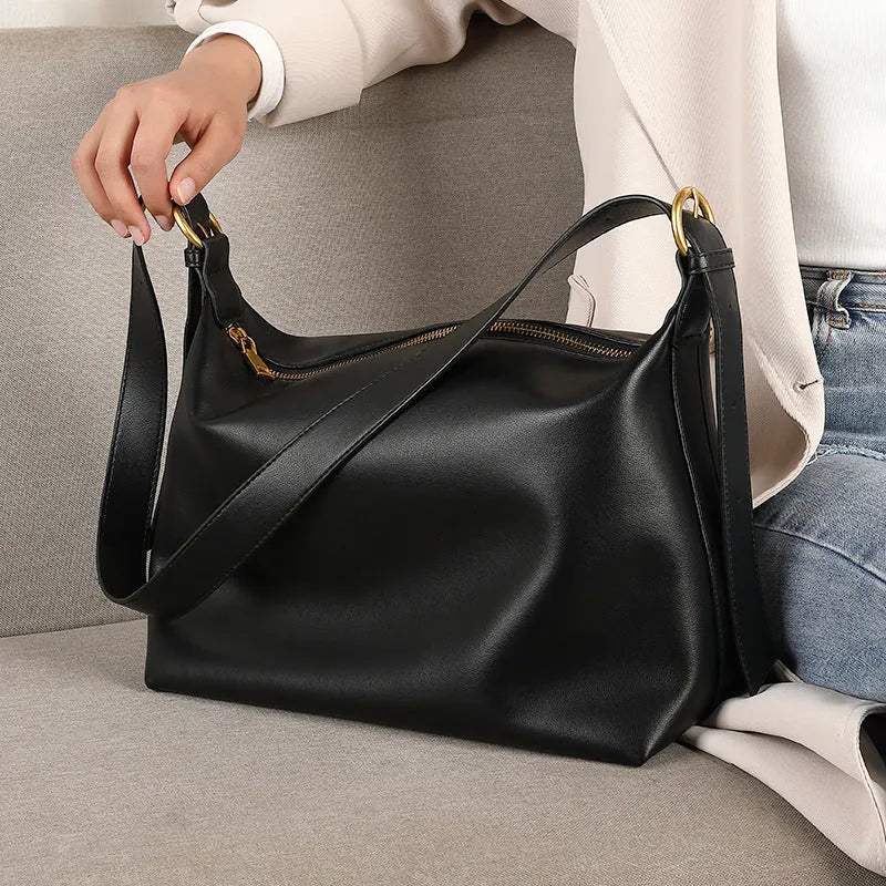 Black litchi grain genuine leather cowhide crossbody underarm bag with open outer pocket and stitching
