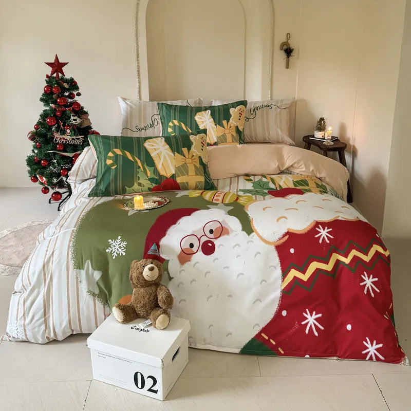 Christmas bedding four-piece set with soft washed cotton texture and colourful cartoon prints.