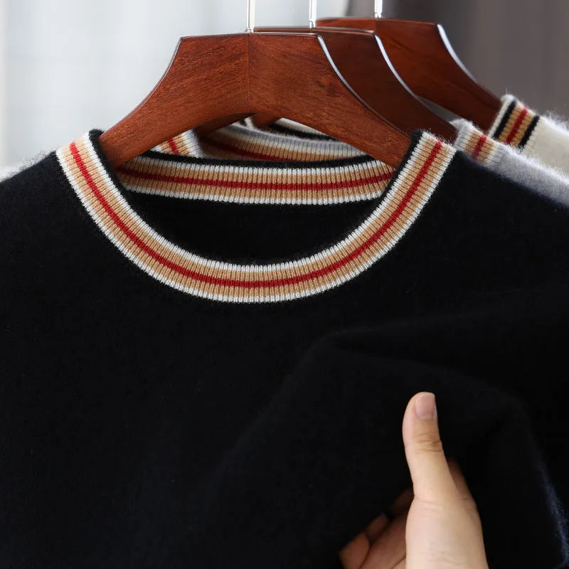 Men's round neck short sleeve pure wool pullover sweater in grey, shown on a model.